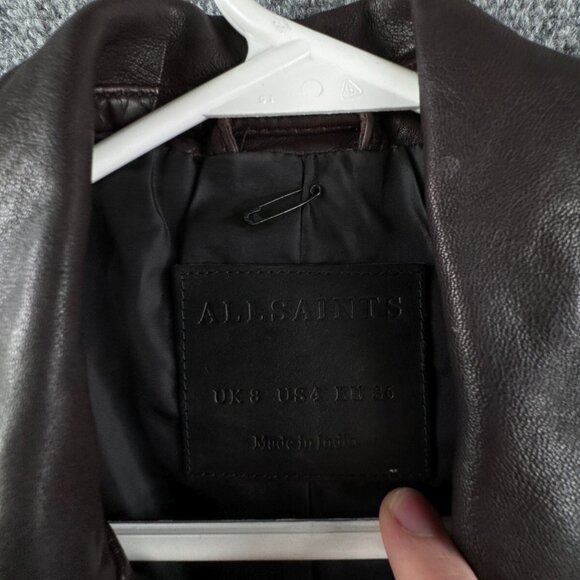 Allsaints Leather Jacket Brown Women Size 4 Zip Pockets Grunge Catch Biker - Picture 10 of 16